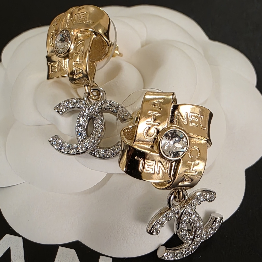 CHANEL 25A Gold and Silver Crystal Logo Earrings Brand New With Tag